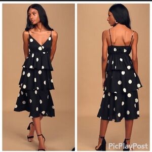 LULUS O.P.T. Cava Black and White Polka Dot Tiered Midi Dress. Size Medium